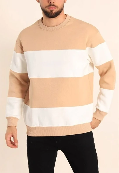 Parçalı Bisiklet Yaka Baskılı weathirt  Bej ürün görseli