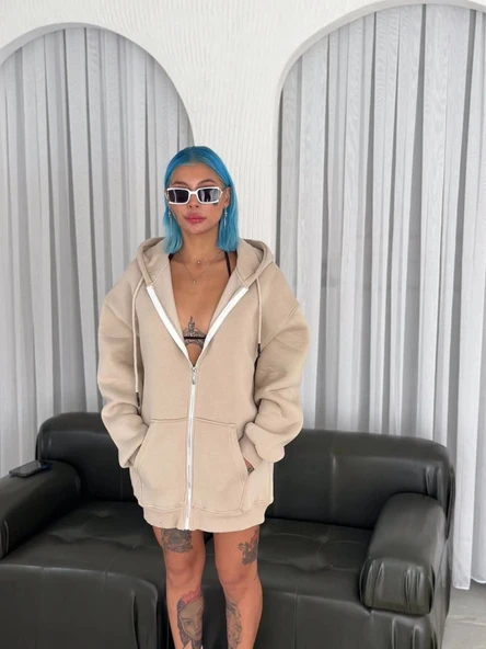 Oversize Tam Fermuarlı Uzun Kol Hırka  Bej ürün görseli