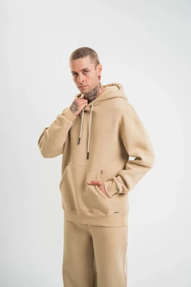 Unisex Double Oversize Kapşonlu Basic weathirt  Bej - Resim 3