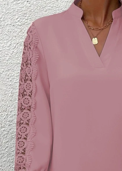 Lucky Life Kadın Uzun Kollu Hakim Yaka Kolları Dantel Detaylı Ithal Krep Bluz - Resim 3