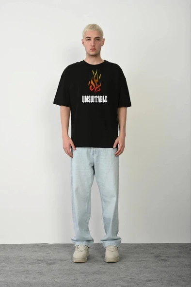 Unisex Bisiklet Yaka Baskılı Oversize Thirt  iyah ürün görseli