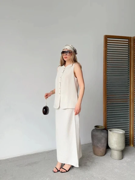 Keten Kolsuz Hırka Etek Ikili Takım Beyaz ürün görseli