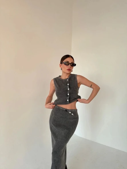 Uzun Etekli Önü Düğmeli Badi İkili Takım Antrasit - Resim 4