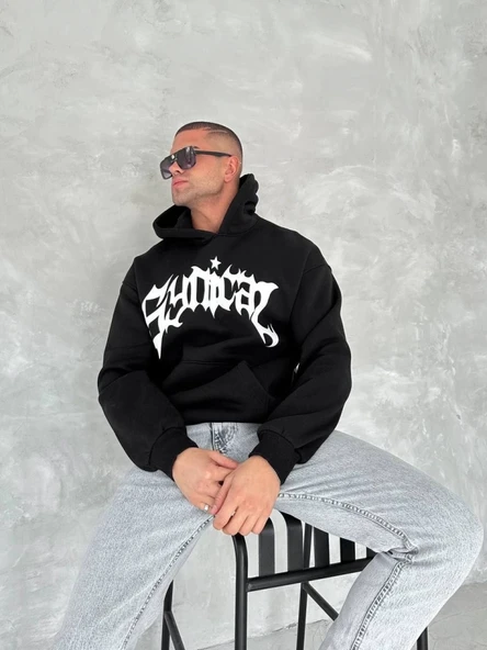 Unisex Üç İplik Kapşonlu Baskılı weathirt  iyah - Resim 3