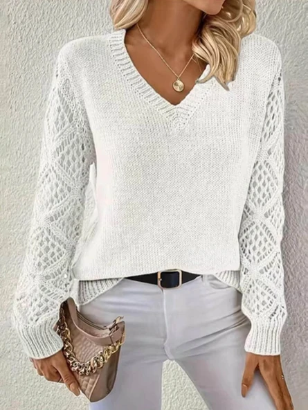 Kadın Uzun Kollu V Yaka Kol Delikli Baklava Desen Detaylı Triko Kazak ürün görseli