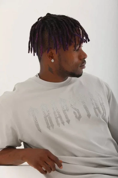 Unisex Oversize Taşlı Bisiklet Yaka Thirt  Gri - Resim 4