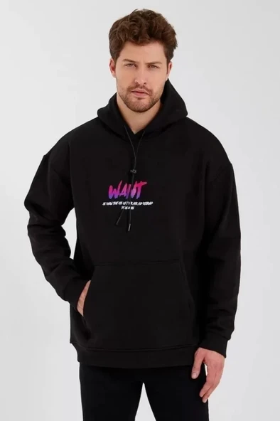 Erkek Baskılı Üç İplik Kapüşonlu Oversize weatshirt  iyah - Resim 2