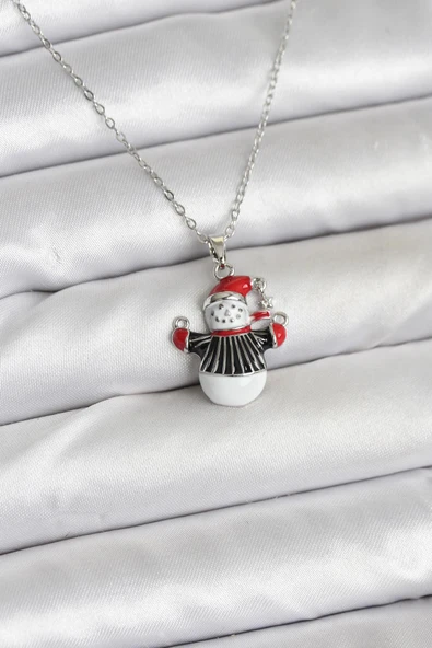 316L Çelik Zincir Gümüş Renk Kardan Adam Figürlü Yılbaşı Temalı Kadın Kolye - TJ-BKO10713 ürün görseli