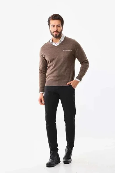 Baskılı V Yaka Uzun Kol Dokuma Triko  Kahve ürün görseli
