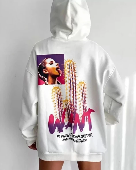 Baskılı Üç İplik Kapüşonlu Oversize weatshirt  Beyaz ürün görseli