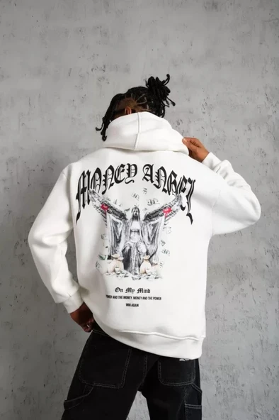 Erkek Kordon İpli Baskılı Kapüşonlu weatshirt  Beyaz - Resim 2