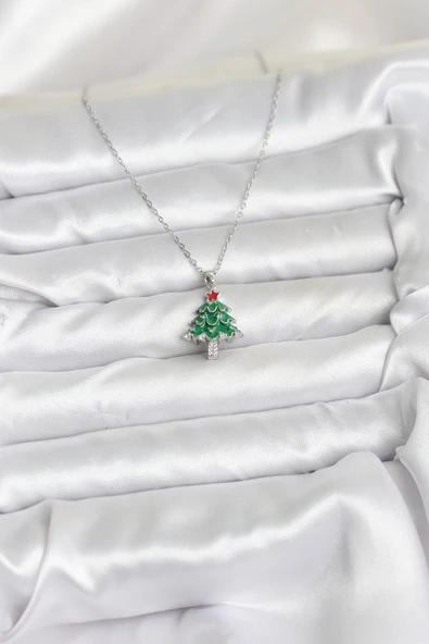 316L Çelik Zincir Gümüş Renk Çam Ağacı Model Yılbaşı Temalı Kadın Kolye - TJ-BKO10721 - Resim 2