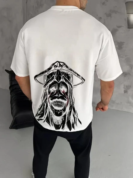 Unisex Bisiklet Yaka Baskılı Oversize Thirt  Beyaz - Resim 2