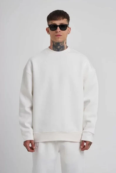 Unisex Biskilet Yaka Üç İplik weathirt  Beyaz ürün görseli