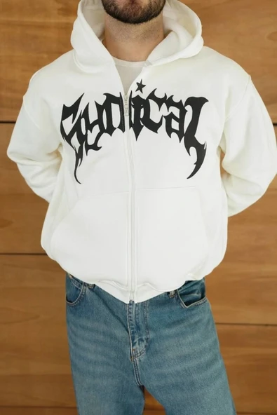 Erkek Kapüşonlu weatshirt Hoodie 3 İplik Şardonlu Pamuklu Kumaş, Önü Baskılı, Fermuarlı Rahat Kalıp, Kışlık Ve okak tili - Resim 3