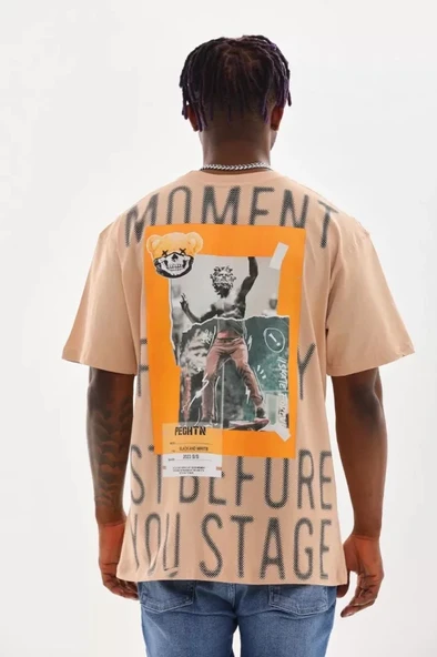 Unisex Baskılı Oversize Thirt  Bej - Resim 2