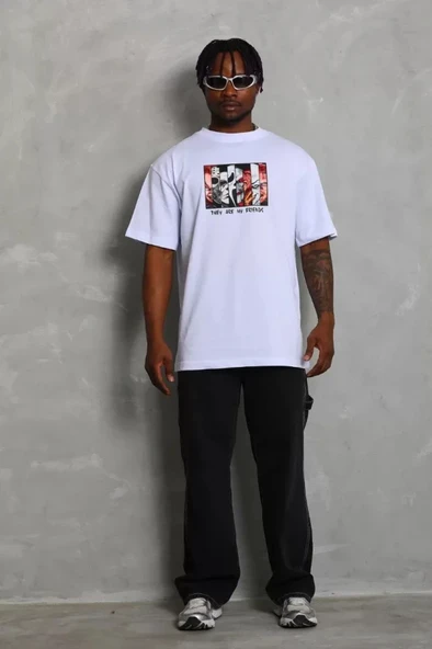 Unisex Oversize Baskılı Bisiklet Yaka Thirt  Beyaz - Resim 4