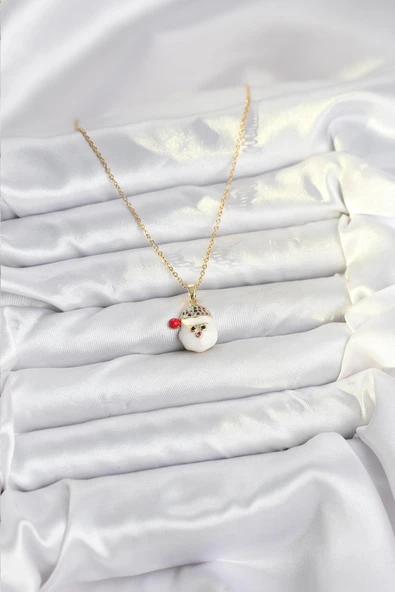 316L Çelik Zincir Gold Renk Şapkalı Kardan Adam Kafası Model Yılbaşı Temalı Kadın Kolye - TJ-BKO10703 - Resim 2