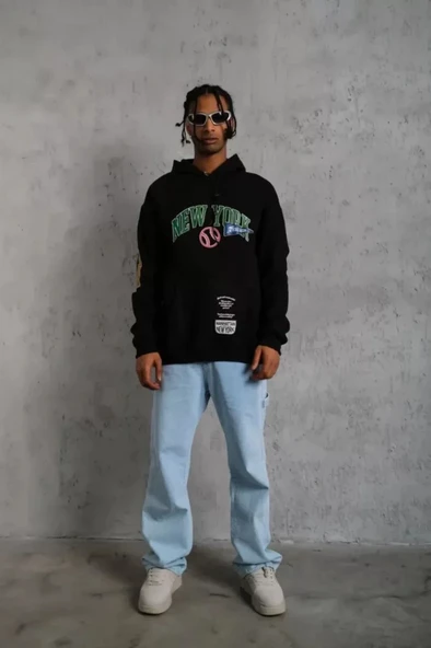 Erkek Baskılı Kapüşonlu weatshirt  iyah - Resim 2