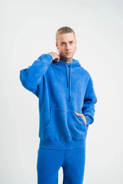 Unisex Double Oversize Kapşonlu Yıkamalı weathirt  avi - Resim 4