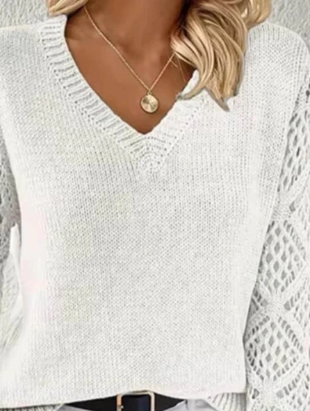 Kadın Uzun Kollu V Yaka Kol Delikli Baklava Desen Detaylı Triko Kazak - Resim 2