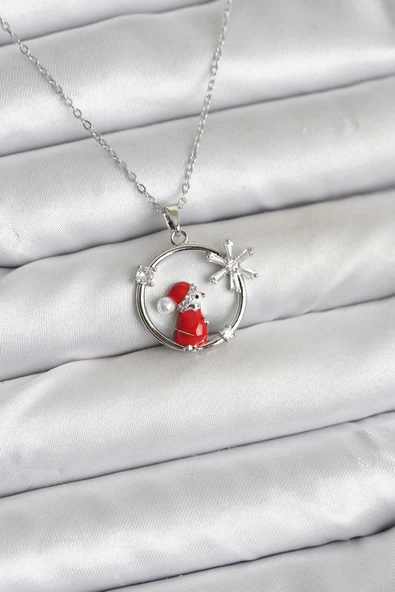 316L Çelik Zincir Gümüş Zirkon Taşlı Yılbaşı Tema Kadın Kolye - TJ-BKO10719 ürün görseli