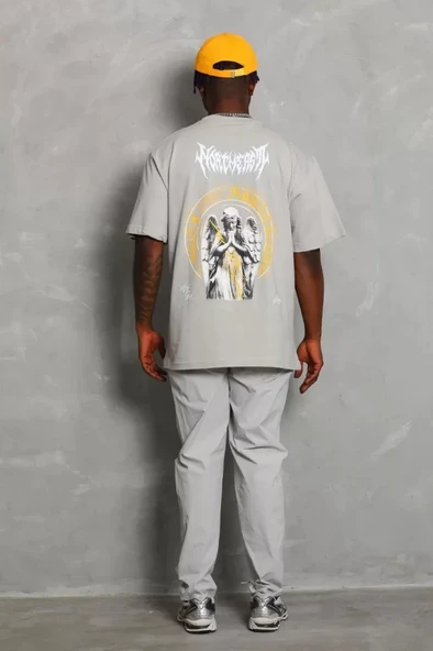 Unisex Oversize Baskılı Bisiklet Yaka Thirt  Gri - Resim 4