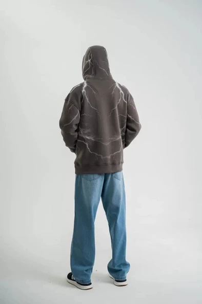 Double Oversize Kapşonlu Şimşek Pano Baskılı weathirt  Füme - Resim 4