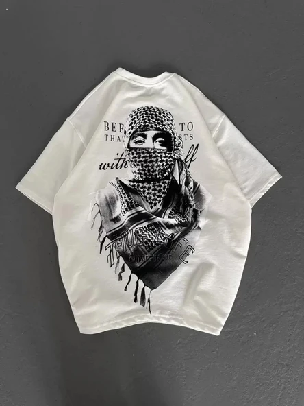 Unisex Baskılı Oversize Thirt  Beyaz - Resim 3