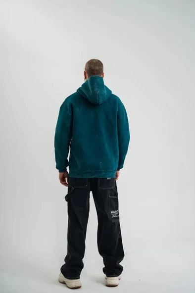 Unisex Uzun Kol Kapşonlu Yıkamalı Nakışlı weathirt  Koyu Deniz Yeşili - Resim 4