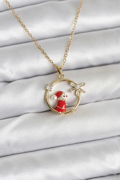 316L Çelik Zincir Gold Zirkon Taşlı Yılbaşı Tema Kadın Kolye - TJ-BKO10718 ürün görseli