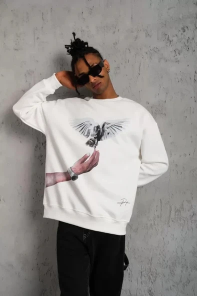 Erkek Güvercin Baskılı weatshirt  Beyaz - Resim 4