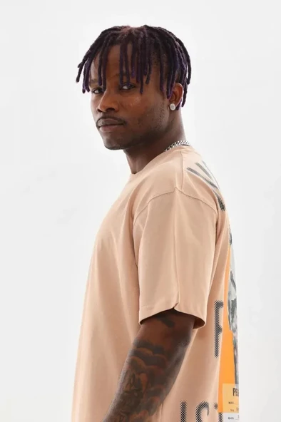 Unisex Baskılı Oversize Thirt  Bej - Resim 4