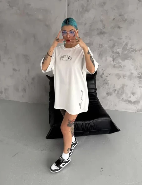 Unisex Baskılı Oversize Thirt  Beyaz - Resim 2
