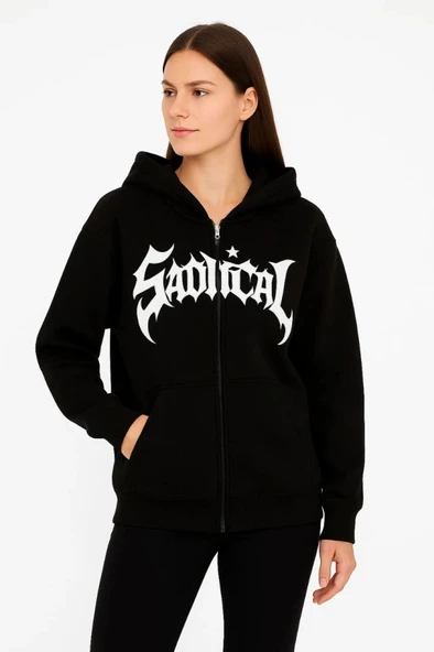 Oversize Kapüşonlu weatshirt  Hoodie 3 İplik Şardonlu Pamuklu Kumaş, Önü Baskılı, Fermuarlı Rahat Kalıp, Kışlık Ve okak - Resim 4