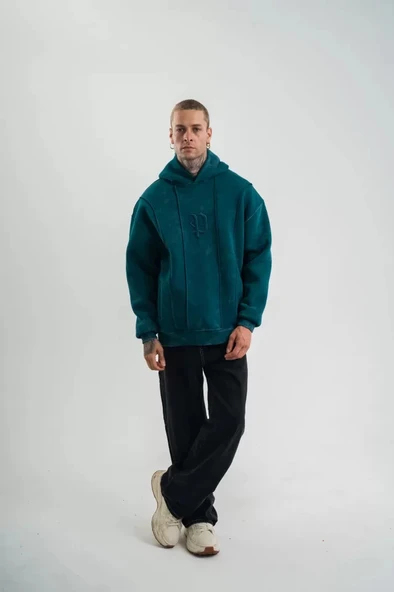 Unisex Uzun Kol Kapşonlu Yıkamalı Nakışlı weathirt  Koyu Deniz Yeşili ürün görseli