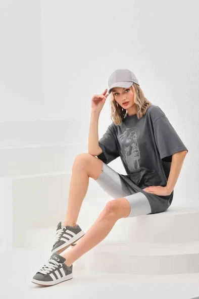 Unisex Taş Desenli Oversize Thirt  Füme - Resim 3
