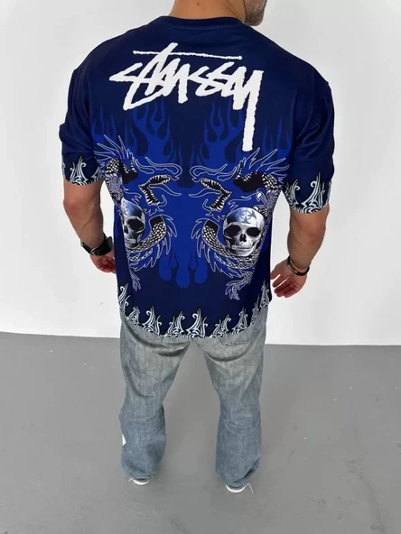 Unisex Bisiklet Yaka Baskılı Oversize Thirt  acivert - Resim 4