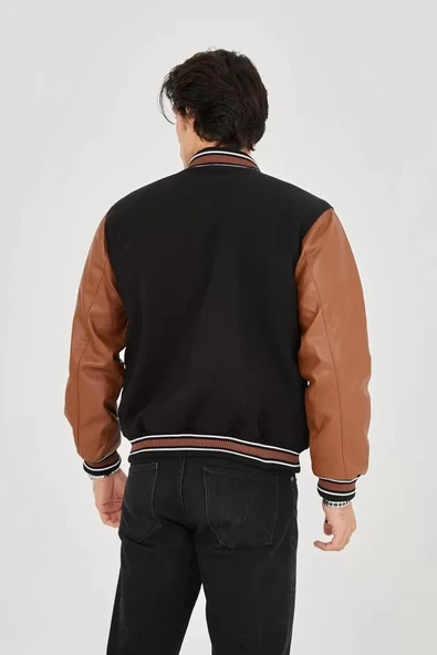 Erkek İçten Elyaf Ve Astarlı Kolları uni Deri Ceket  Kahverengi - Resim 4