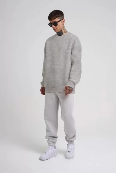 Unisex Biskilet Yaka Üç İplik weathirt  Gri - Resim 2