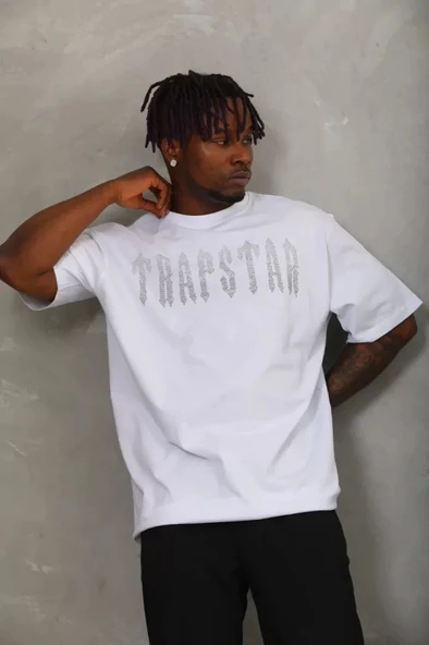 Unisex Oversize Taşlı Bisiklet Yaka Thirt  Beyaz - Resim 4