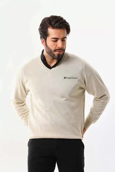 Baskılı V Yaka Uzun Kol Dokuma Triko  Bej ürün görseli