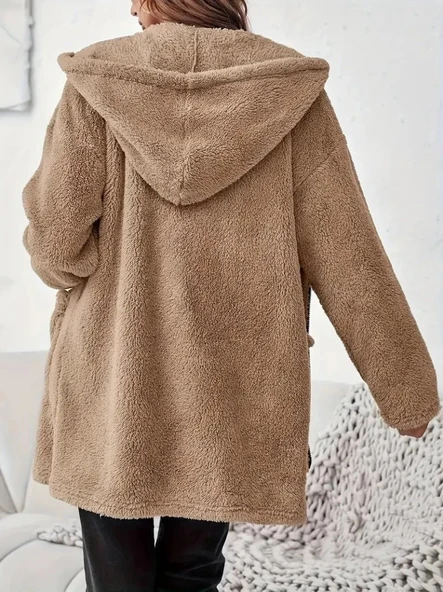 Kadın Uzun Kollu Kapşonlu önden Fermuarlı Cepli Welsoft Ceket - Resim 3