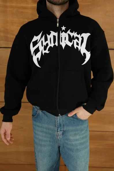 Erkek Kapüşonlu weatshirt  Hoodie 3 İplik Şardonlu Pamuklu Kumaş, Önü Baskılı, Fermuarlı Rahat Kalıp, Kışlık Ve okak til - Resim 2