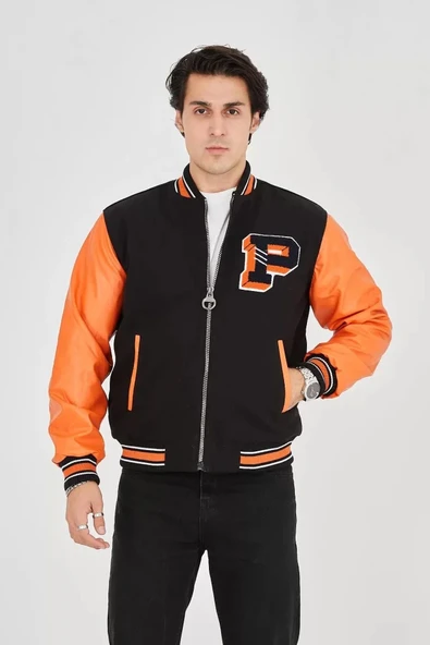 Erkek İçten Elyaf Ve Astarlı Kolları uni Deri Ceket  Turuncu ürün görseli 1