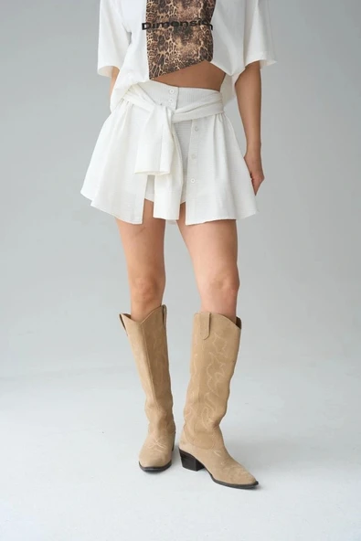 Gömlek Bağlamalı Şort  Krem - Resim 4