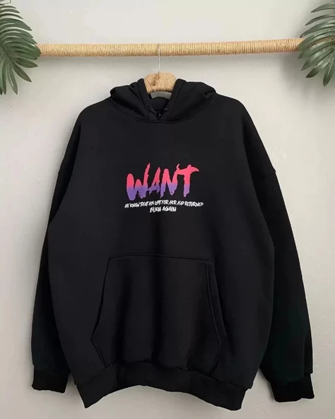 Baskılı Üç İplik Kapüşonlu Oversize weatshirt  iyah - Resim 3