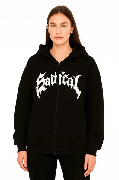 Oversize Kapüşonlu weatshirt  Hoodie 3 İplik Şardonlu Pamuklu Kumaş, Önü Baskılı, Fermuarlı Rahat Kalıp, Kışlık Ve okak ürün görseli