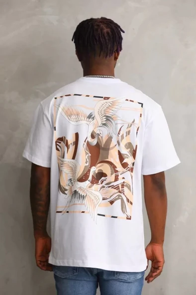 Unisex Baskılı Oversize Thirt  Beyaz - Resim 2