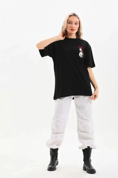 Unisex Baskılı Oversize TShirt  Siyah - Resim 3